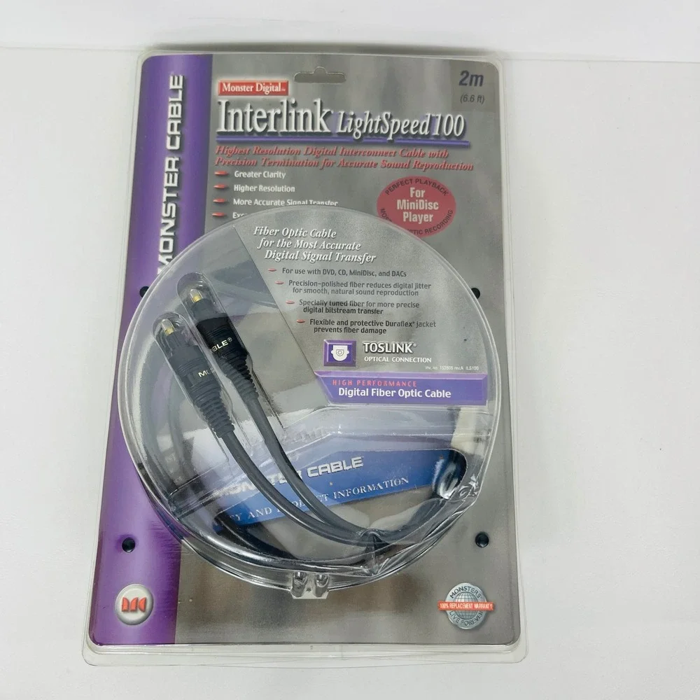 Monster Interlink LightSpeed 100 Digital Fiber Optic Toslink Cable 2m Black NEW